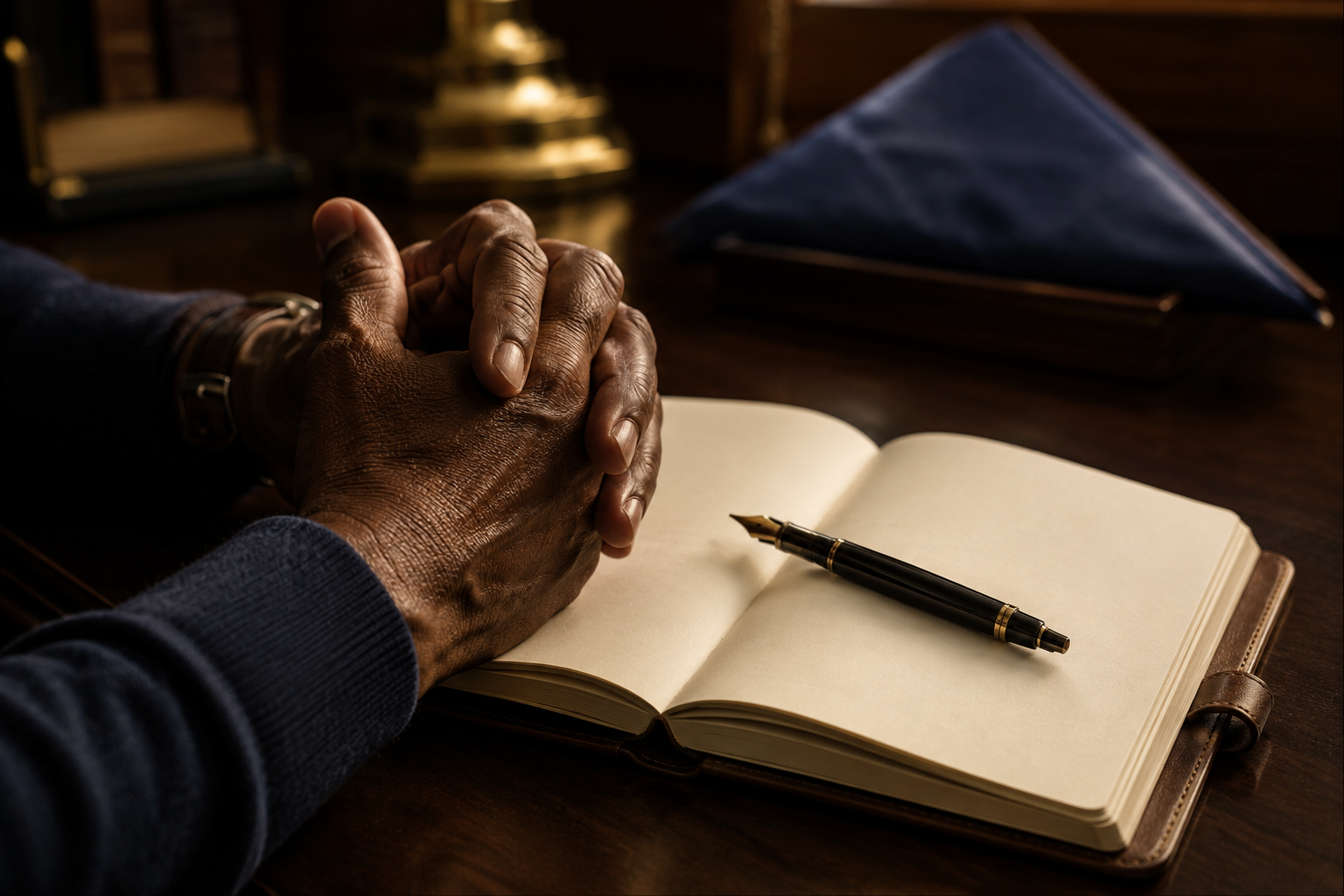 Hands resting beside an open journal and fountain pen