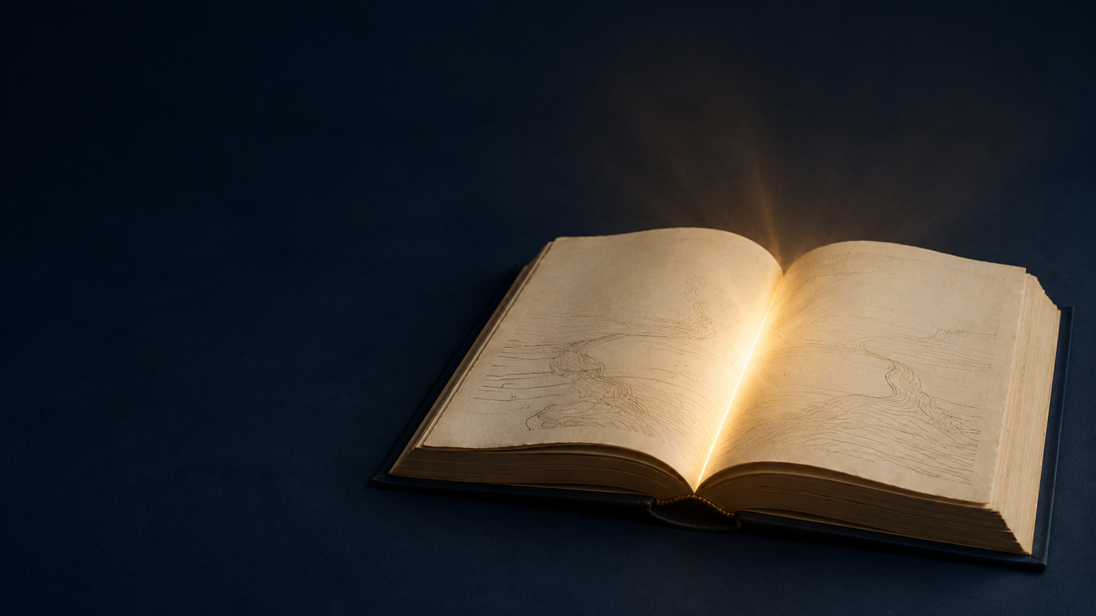 An open book illuminated with warm golden light